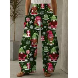 Casual Christmas Print Pocket Loose Pants Women