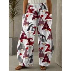 Casual Christmas Print Pocket Loose Pants Women