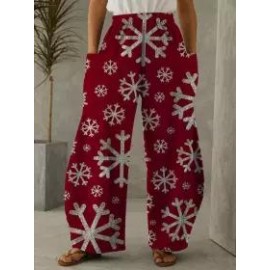 Casual Christmas Print Pocket Loose Pants Women
