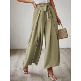 Summer Bow Loose High Waist Pleated Wide Leg Pants With Belte