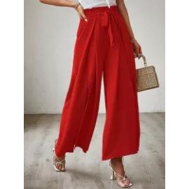 Summer Bow Loose High Waist Pleated Wide Leg Pants With Belte