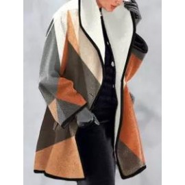 Contrasting Geometric Print Casual Loose Woolen Coat