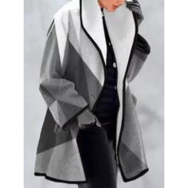 Contrasting Geometric Print Casual Loose Woolen Coat