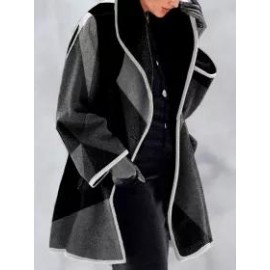 Contrasting Geometric Print Casual Loose Woolen Coat