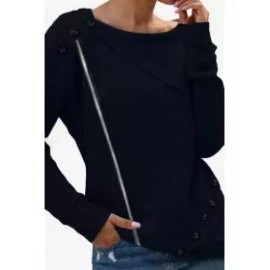 Solid Color Long-sleeved Button Irregular Knit Top