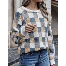 Fashion Round Neck Long Sleeve Plaid Pattern Casual Sweatshirt