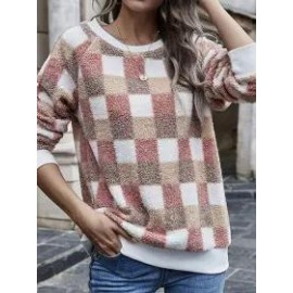 Fashion Round Neck Long Sleeve Plaid Pattern Casual Sweatshirt
