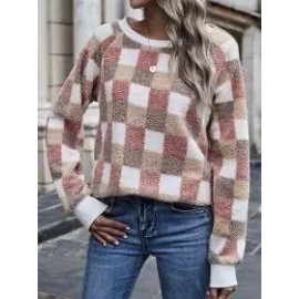 Fashion Round Neck Long Sleeve Plaid Pattern Casual Sweatshirt