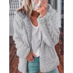 Casual Loose Solid Color Hooded Woolen Fleece Zip-Up Coat