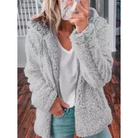 Casual Loose Solid Color Hooded Woolen Fleece Zip-Up Coat