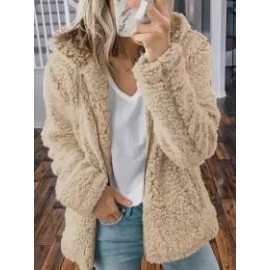 Casual Loose Solid Color Hooded Woolen Fleece Zip-Up Coat