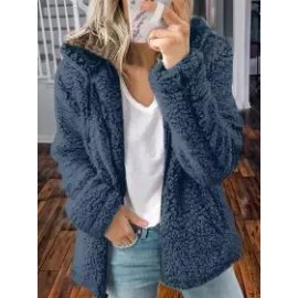 Casual Loose Solid Color Hooded Woolen Fleece Zip-Up Coat