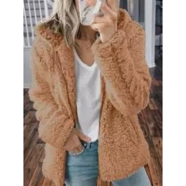 Casual Loose Solid Color Hooded Woolen Fleece Zip-Up Coat