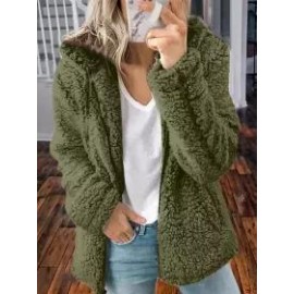 Casual Loose Solid Color Hooded Woolen Fleece Zip-Up Coat