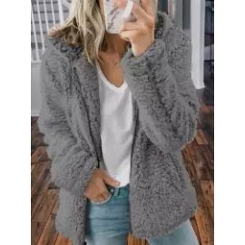 Casual Loose Solid Color Hooded Woolen Fleece Zip-Up Coat