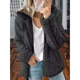 Casual Loose Solid Color Hooded Woolen Fleece Zip-Up Coat