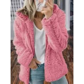 Casual Loose Solid Color Hooded Woolen Fleece Zip-Up Coat