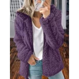 Casual Loose Solid Color Hooded Woolen Fleece Zip-Up Coat