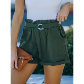 Summer Loose Pocket Solid Color High Waist Casual Shorts