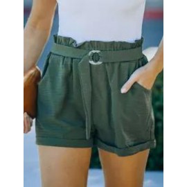 Summer Loose Pocket Solid Color High Waist Casual Shorts