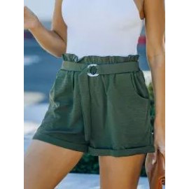 Summer Loose Pocket Solid Color High Waist Casual Shorts
