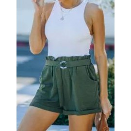 Summer Loose Pocket Solid Color High Waist Casual Shorts