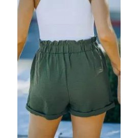 Summer Loose Pocket Solid Color High Waist Casual Shorts