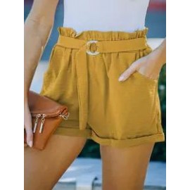 Summer Loose Pocket Solid Color High Waist Casual Shorts