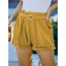 Summer Loose Pocket Solid Color High Waist Casual Shorts