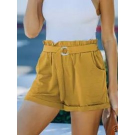 Summer Loose Pocket Solid Color High Waist Casual Shorts