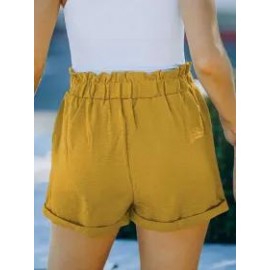 Summer Loose Pocket Solid Color High Waist Casual Shorts