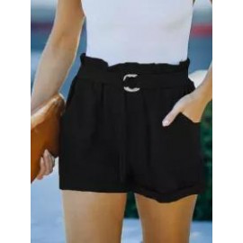 Summer Loose Pocket Solid Color High Waist Casual Shorts
