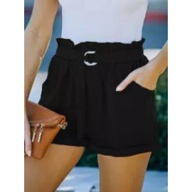 Summer Loose Pocket Solid Color High Waist Casual Shorts
