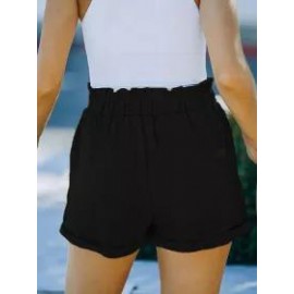 Summer Loose Pocket Solid Color High Waist Casual Shorts