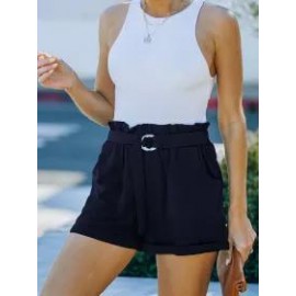 Summer Loose Pocket Solid Color High Waist Casual Shorts