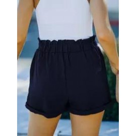 Summer Loose Pocket Solid Color High Waist Casual Shorts