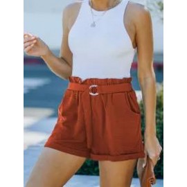 Summer Loose Pocket Solid Color High Waist Casual Shorts