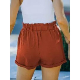 Summer Loose Pocket Solid Color High Waist Casual Shorts