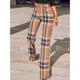Fall/Winter Mid-waist Plaid Skinny Slit Trousers