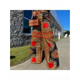 Boho Print Pocket Casual High Waist Wide Leg Pants