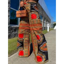 Boho Print Pocket Casual High Waist Wide Leg Pants