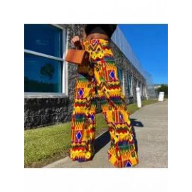 Boho Print Pocket Casual High Waist Wide Leg Pants