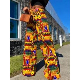 Boho Print Pocket Casual High Waist Wide Leg Pants