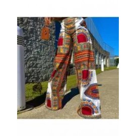 Boho Print Pocket Casual High Waist Wide Leg Pants