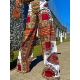 Boho Print Pocket Casual High Waist Wide Leg Pants