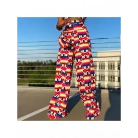 Boho Print Pocket Casual High Waist Wide Leg Pants