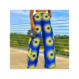 Boho Print Pocket Casual High Waist Wide Leg Pants