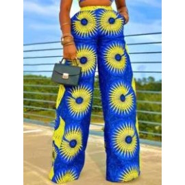Boho Print Pocket Casual High Waist Wide Leg Pants