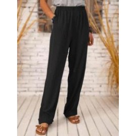 Solid Color Elastic Waist Long Loose Casual Straight-leg Pants