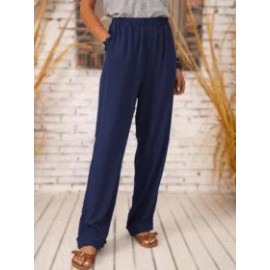 Solid Color Elastic Waist Long Loose Casual Straight-leg Pants